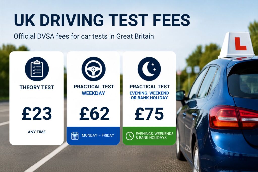 Card showing UK driving test fees of £23 for the theory test and £62 for a weekday practical test