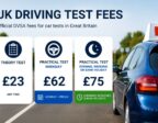 Card showing UK driving test fees of £23 for the theory test and £62 for a weekday practical test