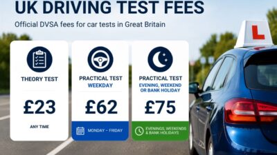 Card showing UK driving test fees of £23 for the theory test and £62 for a weekday practical test