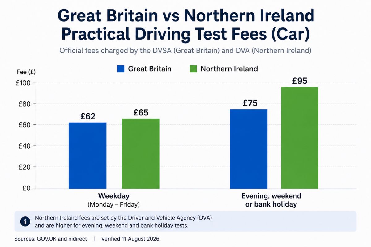 Great Britain and Northern Ireland, showing Northern Ireland charges £95 for weekend tests