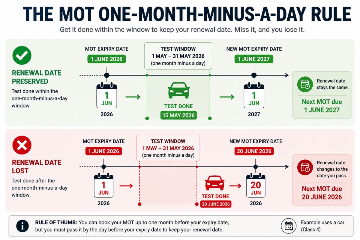 Timeline showing an MOT taken within one month minus a day of expiry keeps the original renewal date