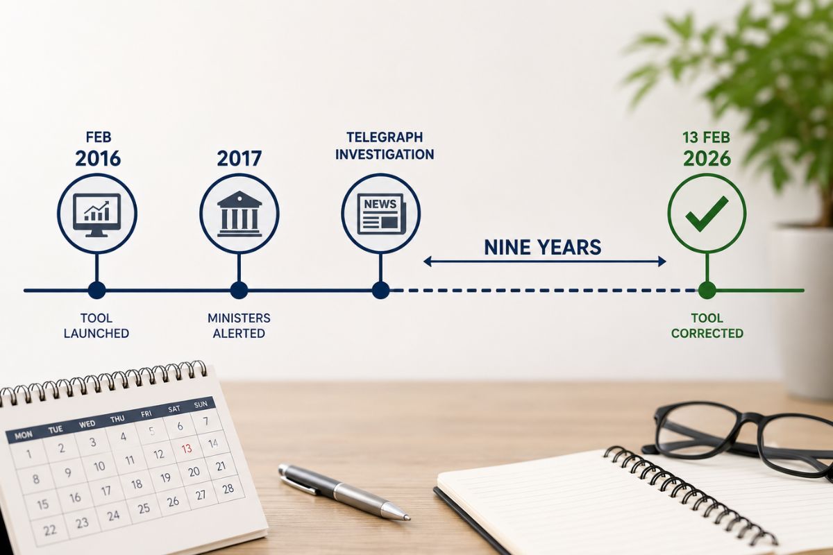 Timeline showing the HMRC state pension forecast tool launching in 2016, ministers alerted in 2017, and the error corrected in February 2026